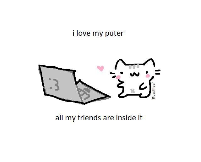 A cat sitting near a laptop with a caption 'I love my puter; All my friends are inside it'